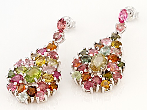 6.30ctw Oval, Pear, And Round Multi Tourmaline Rhodium Over Sterling Silver Drop Earrings