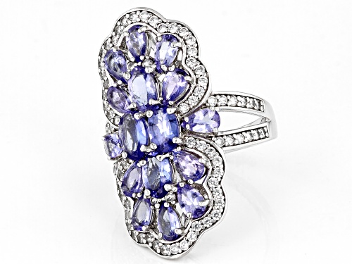 3.24ctw Oval And Pear Shape Tanzanite With 1.02ctw White Zircon Rhodium Over Silver Cocktail Ring - Size 8