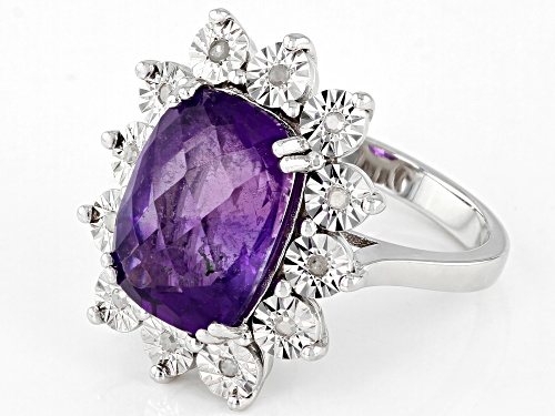 6.35ct Rectangular African Amethyst With .10ctw Round Diamond Rhodium Over Sterling Silver Ring - Size 9