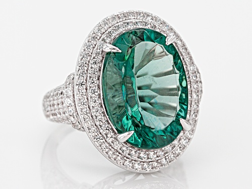 15.25ct Oval Teal Fluorite With 2.75ctw Round White Zircon Sterling Silver Ring - Size 5