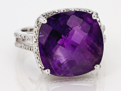 12.15ct Square Cushion, Checkerboard African Amethyst With .05ctw Round White Zircon Silver Ring - Size 5