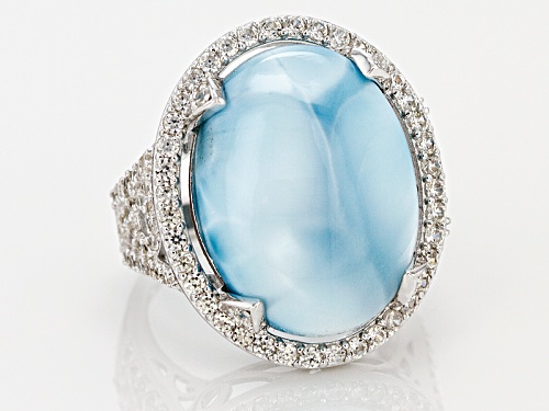 20x15mm Oval Cabochon Larimar With 2.00ctw Round White Zircon Sterling Silver Ring - Size 6