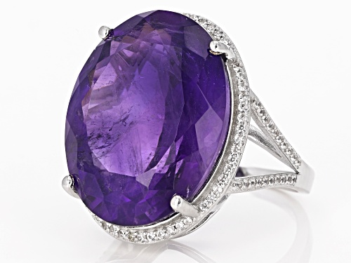 25.00CT OVAL AFRICAN AMETHYST WITH .60CTW ROUND WHITE ZIRCON STERLING SILVER RING - Size 7