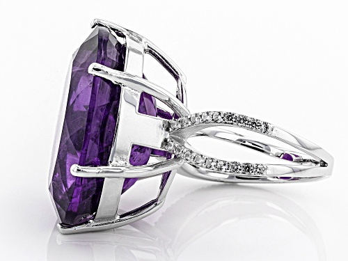 25.00.CT OVAL AFRICAN AMETHYST WITH .47CTW ROUND WHITE ZIRCON STERLING SILVER RING - Size 7