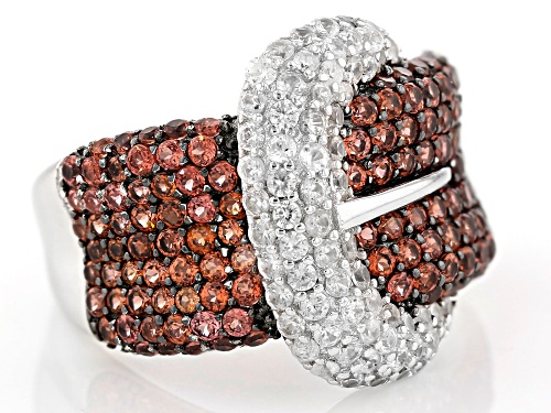 2.45CTW ROUND RED GARNET WITH 1.35CTW ROUND WHITE ZIRCON STERLING SILVER BUCKLE RING - Size 6