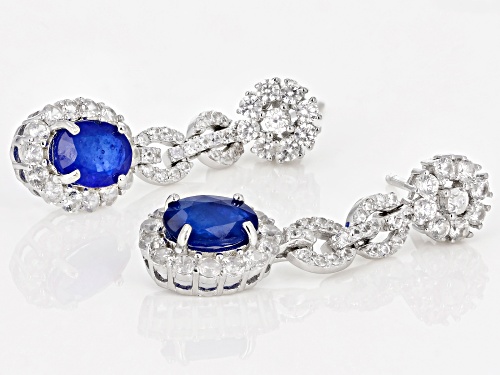 2.80CTW OVAL BLUE SPINEL WITH 1.65CTW ROUND WHITE ZIRCON SILVER DANGLE EARRINGS