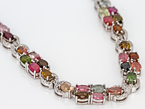 42.00CTW OVAL MULTI TOURMALINE WITH 2.85CTW ROUND WHITE ZIRCON RHODIUM OVER SILVER NECKLACE - Size 20
