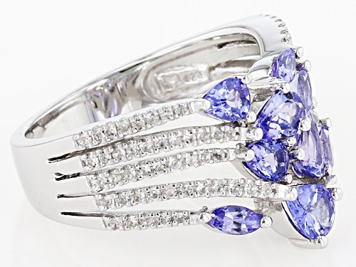 1.30CTW PEAR SHAPE & MARQUISE TANZANITE WITH .40CTW ROUND WHITE TOPAZ RHODIUM OVER SILVER RING - Size 7