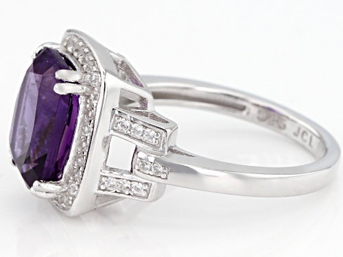 3.40CT RECTANGULAR CUSHION AFRICAN AMETHYST WITH .52CTW ROUND WHITE ZIRCON RHODIUM OVER SILVER RING - Size 8