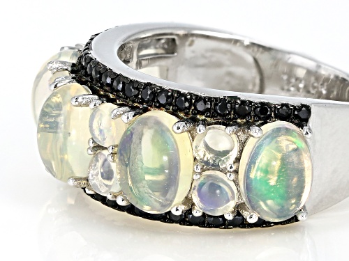 3.01CTW OVAL & AND ROUND CABOCHON ETHIOPIAN OPAL, .49CTW ROUND BLACK SPINEL RHODIUM OVER SILVER RING - Size 7