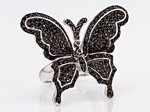 3.50CTW ROUND BLACK SPINEL RHODIUM OVER STERLING SILVER BUTTERFLY RING - Size 6