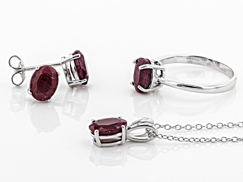 6.00CTW OVAL INDIAN RUBY RHODIUM OVER STERLING SILVER RING, PENDANT, CHAIN & EARRINGS JEWELRY SET