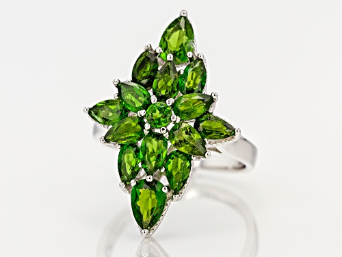 3.56CTW PEAR SHAPE & ROUND RUSSIAN CHROME DIOPSIDE RHODIUM OVER SILVER RING - Size 6