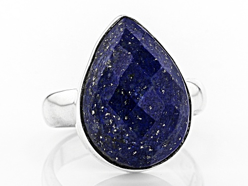 18X13MM PEAR, CHECKERBOARD CUT LAPIS LAZULI RHODIUM OVER SILVER SOLITAIRE RING - Size 5