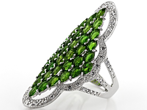7.50CTW MARQUISE RUSSIAN CHROME DIOPSIDE WITH .87CTW ROUND WHITE ZIRCON RHODIUM OVER SILVER RING - Size 5