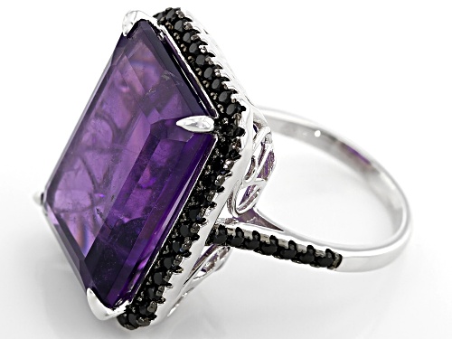 15.00CT EMERALD CUT AFRICAN AMETHYST WITH 1.10CTW ROUND BLACK SPINEL RHODIUM OVER SILVER RING - Size 7