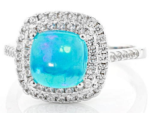 1.45CT SQUARE CUSHION CABOCHON Paraiba Blue Color Opal, .50CTW ZIRCON RHODIUM OVER SILVER RING - Size 10