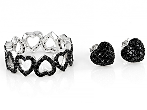 1.94CTW ROUND BLACK SPINEL RHODIUM OVER STERLING SILVER HEART ETERNITY RING & EARRING SET - Size 10