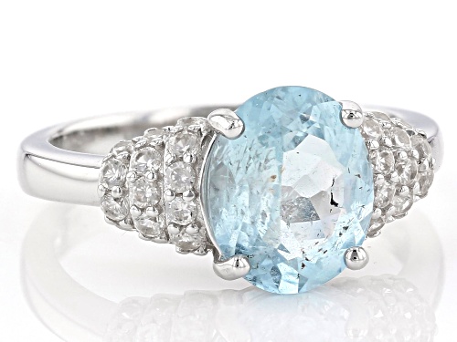 2.50CT OVAL BRAZILIAN AQUAMARINE WITH .69CTW ROUND WHITE ZIRCON RHODIUM OVER STERLING SILVER RING - Size 9