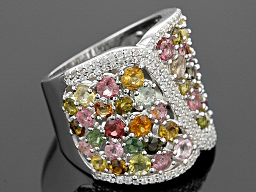 4.35ctw Round Multi Tourmaline And .65ctw Round White Zircon Rhodium Over Sterling Silver Band Ring - Size 6