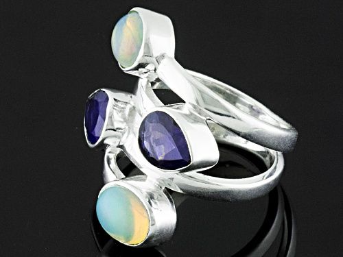1.20ctw Oval Ethiopian Opal And 1.70ctw Pear Shape Iolite Sterling Silver Ring - Size 5