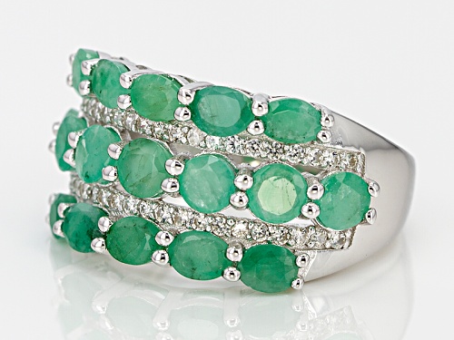 1.47ctw Oval And 1.82ctw Round Emerald With .37ctw Round White Zircon Sterling Silver Ring - Size 5