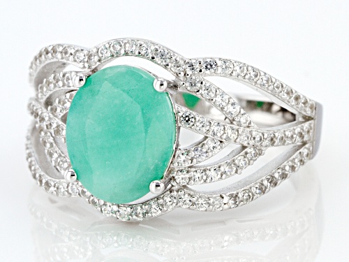 2.08ct Oval Emerald And .86ctw Round White Zircon Rhodium Over Sterling Silver Ring - Size 8