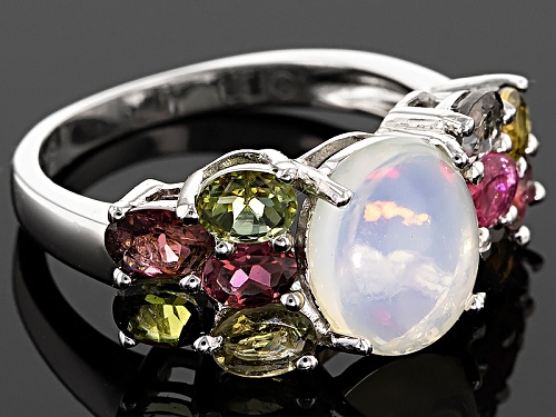 1.68ct Oval Cabochon Ethiopian Opal And 1.60ctw Oval Multi-Tourmaline Sterling Silver Ring - Size 12
