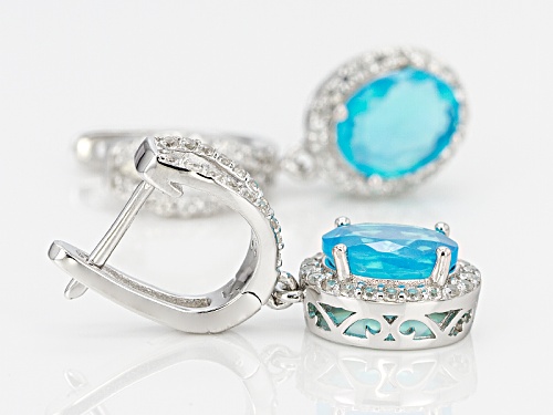 2.16ctw Paraiba Blue Color Opal With 1.12ctw White Zircon Rhodium Sterling Silver Dangle Earrings
