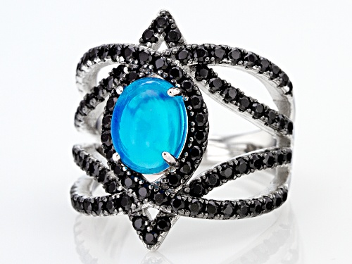 .63ct Oval Paraiba Blue Color Opal With 1.69ctw Black Spinel Rhodium Over Sterling Silver Ring - Size 8
