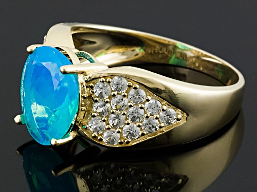 1.69ct Oval Blue Ethiopian Opal With 1.00ctw Round White Zircon 10k Yellow Gold Ring - Size 11