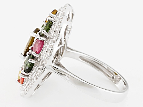 3.25ctw Oval And Round Multi-Tourmaline With 1.00ctw Round White Zircon Sterling Silver Ring - Size 6