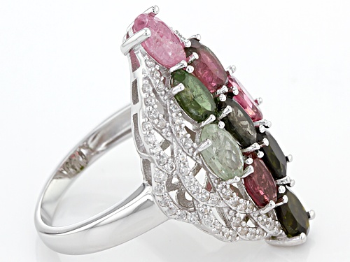 3.50ctw Oval Multi-Tourmaline With .70ctw Round White Zircon Sterling Silver Cluster Ring - Size 5