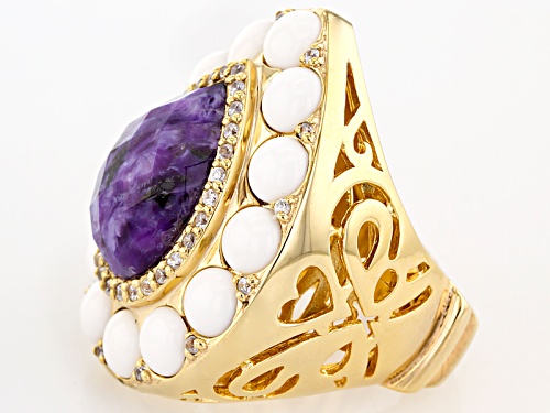 16x12mm Pear Shape Charoite With 5mm White Agate And .37ctw White Zircon 14k Gold Over Silver Ring - Size 7