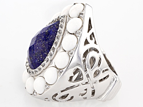 16x12mm Pear Shape Lapis With 5mm Round White Agate And .37ctw Rpund White Zircon Platineve Ring - Size 5