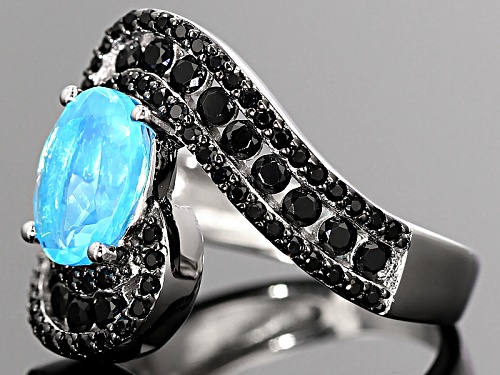 1.00ct Oval Paraiba Blue Color Opal W/ 1.75ctw Round Black Spinel Sterling Silver Ring - Size 12