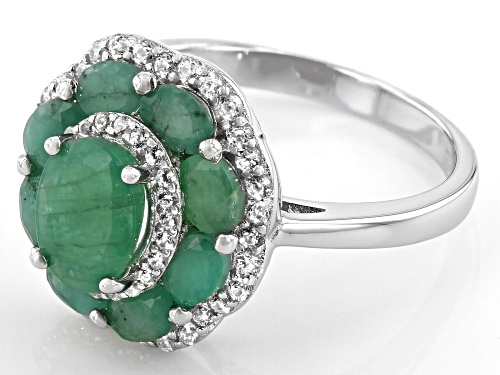 2.64ctw Oval Zambian Emerald With .71ctw Round White Zircon Rhodium Over Sterling Silver Ring - Size 10
