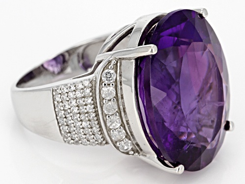 30.30ct Oval African Amethyst With 1.18ctw Round White Zircon Rhodium Over Sterling Silver Ring - Size 8