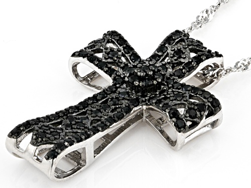 .85ctw Round Black Spinel Rhodium Over Sterling Silver Cross Pendant With Chain