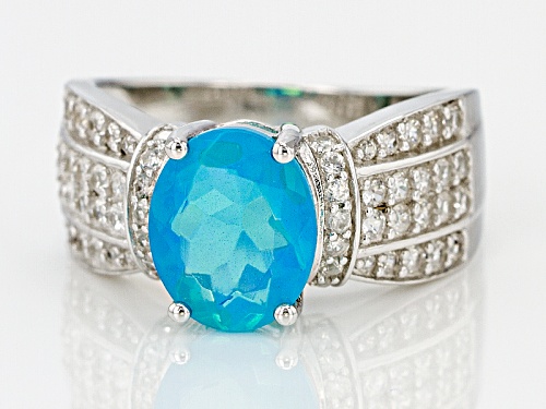 1.64ct Oval Paraiba Blue Color Opal With 1.00ctw Round White Zircon Sterling Silver Ring - Size 11