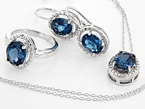 11.10ctw London Blue Topaz, .02ctw 4 Diamond Accent Silver Ring, Earrings And Pendant W/Chain Set