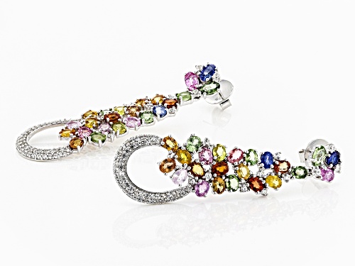 10.80ctw Oval Multi-Sapphire With 1.85ctw Round White Zircon Sterling Silver Dangle Earrings
