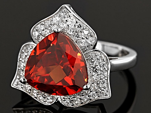 7.75ct Trillion Lab Created Padparadscha Color Sapphire With 1.05ctw Round White Zircon Silver Ring - Size 6