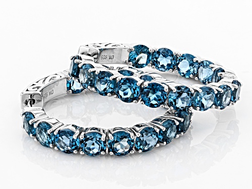 15.10ctw Round London Blue Topaz Rhodium Over Sterling Silver Hoop Earrings