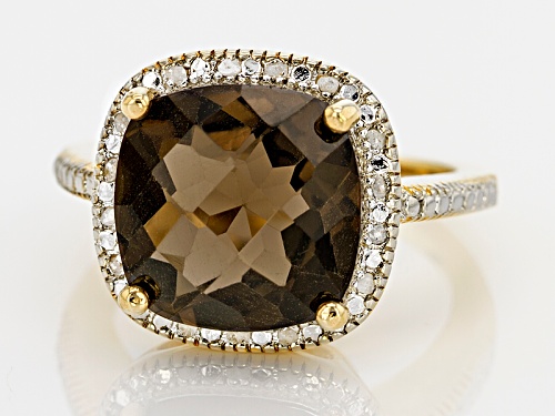 6.00ct Square Cushion Smoky Quartz With .10ctw Round White Diamonds 18k Yellow Gold Over Silver Ring - Size 4