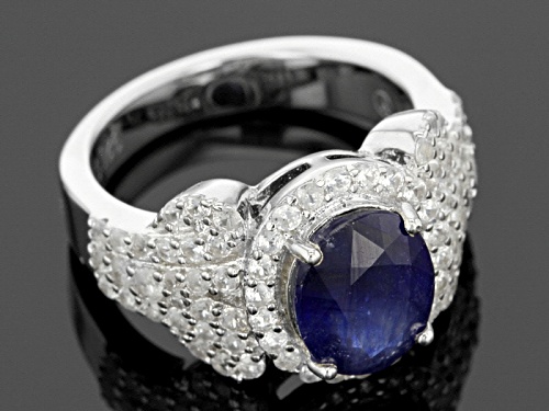 3.10ct Oval Mahaleo® Blue Sapphire And 1.80ctw Round White Zircon Sterling Silver Ring - Size 8