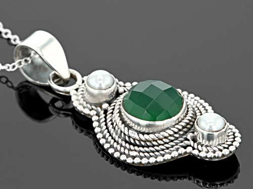 3.00ct Round Green Onyx And Cultured Fresh Water Pearl Sterling Silver Pendant With Chain