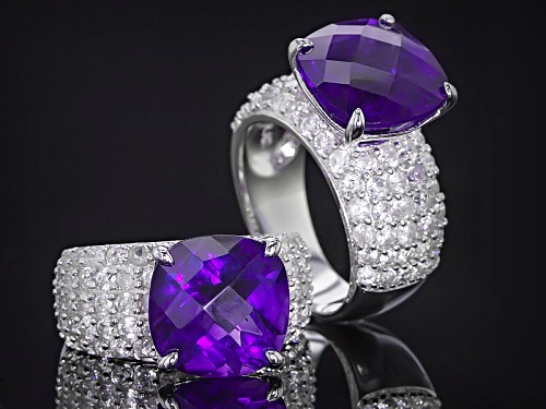 6.00ct Square Cushion African Amethyst With 3.10ctw Round White Zircon Sterling Silver Ring - Size 12