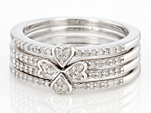 0.25ctw Round White Diamond Rhodium Over Sterling Silver Set of 3 Heart Band Rings - Size 6