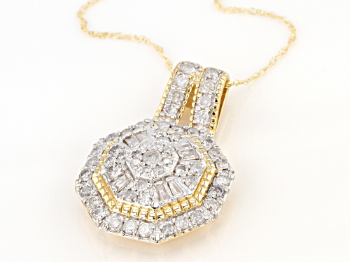 1.00ctw Round And Baguette White Diamond 10k Yellow Gold Cluster Pendant With 18inch Rope Chain